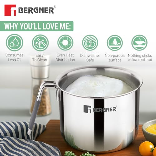 Image of Bergner Argent Triply Stainless Steel 14cm (2 L) Milk Boiler with Glass Lid, Steam Vent, Flared Rim, Stay Cool Cast Handle with Silicone Grip, Even and Faster Heating, Easy to Clean - Induction Bottom