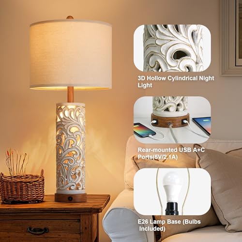OYEARS 2-in-1 Light Table Lamp Set of 2 for Living Room, 28.5" Farmhouse Bedside Lamps with USB Charging Port, Main&Night Light & Dual Switches, Nightstand Lamp for Bedroom Home Office(Bulb Included) by OYEARS - Used condition - Image 4