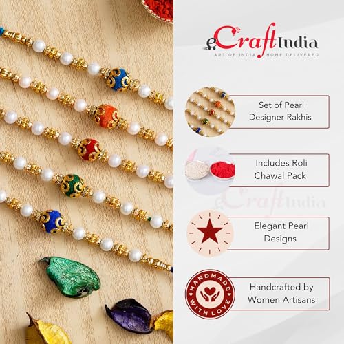Image of eCraftIndia Red, Blue & Golden Designer Peacock Rakhi with Roli Chawal Pack - Rakhi for Brother