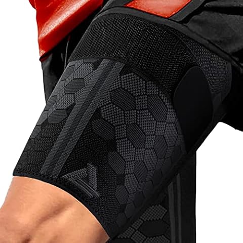 ActivRunner Oberschenkel-Kompressionsbandage, atmungsaktiv mit verstellbarem, rutschfestem Riemen für Kniesehnen- und Quadrizeps, für Herren und Damen (2 pro Packung) (Schwarz/Anthrazit/Grau, XL) Cover