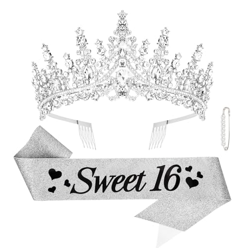 CURASA 16th Birthday Sash and Crown Silver Sweet 16 Sash 16th Birthday Tiara for Women Girls Sweet 16 Decorations Party Supplies