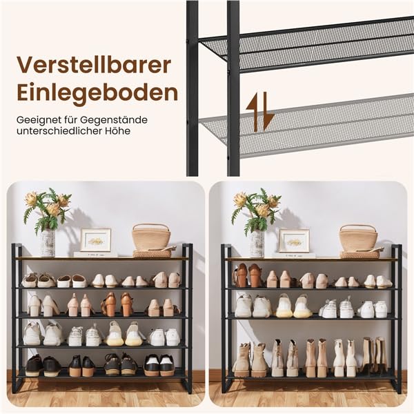 Yaheetech Schuhregal Schuhablage 10 Ebenen, verstellbares Metallgitterregal, große Oberfläche, Metallgestell, für 40-50 Paar Schuhe, Eingang, Korridor, Rustikal-Braun