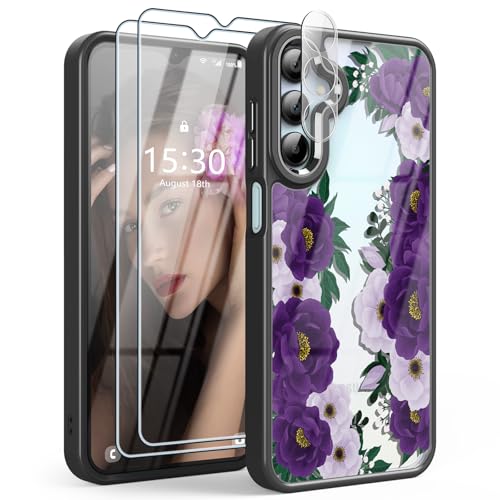 Coque Samsung A15 5G antichoc fleurie avec vitre protection écran et film verre pour objectif photo