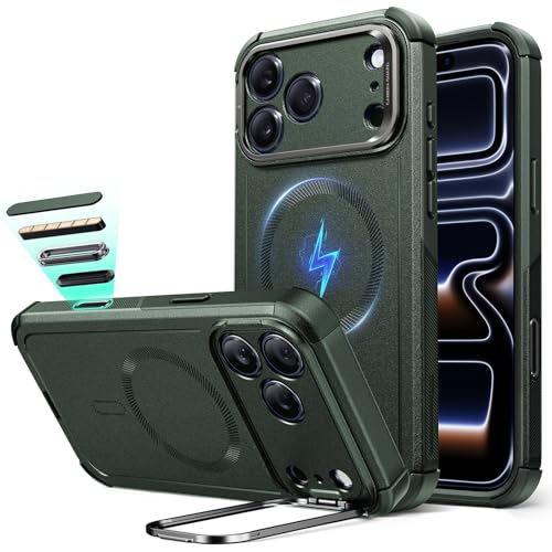 Image of ESR for iPhone 17 Pro Max Phone Case with Stand, 23ft Military-Grade Drop Protection with Camera Control, Shock-Absorbing Rugged Cover, Compatible with MagSafe Accessories, Cyber Series, Green