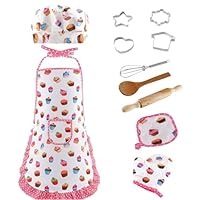 Kids Baking and Cooking Set, 11pcs Aprons for Children, Chef Hat and Costume Role Play Kitchen Gifts for 3-10 Year Old Girls