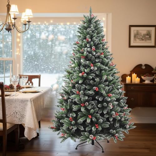 Image of Fizzytech 6 Feet Premium Artificial Christmas Tree with 944 Branch Tips, Snow Flocked Design, Red Berries & Pinecones, Metal Stand, Easy Assembly, Christmas Decoration for Home & Office