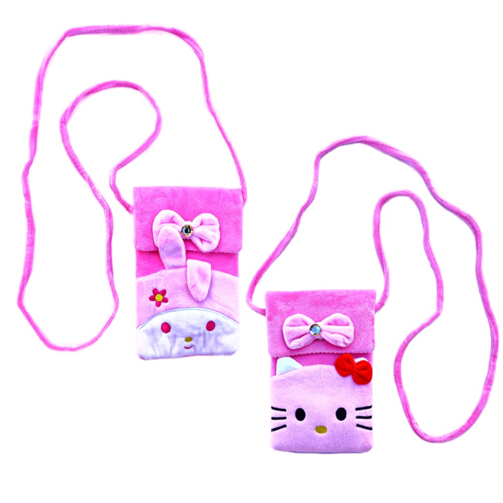 Cute lovely Rabbit & hallo kitty combo soft plush crossbody sling bag for women & girls cute purse and wallet | mobile cell phone holder kawaii purse fur material | Travel Mobile Pouch clutch side bag