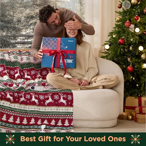 Image of Bedsure Christmas Heated Blanket Throw - Soft Flannel Sherpa Electric Blanket with Fair Isle, with 6 Heating Levels, 4 Time Settings and 3-Hour Auto-Off, Heated Throw as a Gift (50x60 inches)