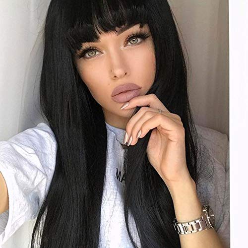 AISI HAIR Straight Long Black Wig Synthetic Hair with Bangs Natural Looking Full Wig Heat Resistant Fiber Wigs for Black Women