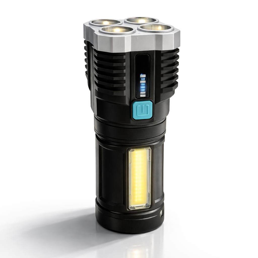 fortune stores rechargeable led flashlight with cob work light, 4 high power led torch, battery level indicator, usb charging, portable tactical torch for camping, emergency, outdoor use