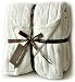 Cable Knit Sherpa Oversized Throw Reversible Blanket Faux Sheepskin Lined Cozy Cotton Blend Sweater Knitted Afghan in Grey White or Turquoise Blue (Off White)