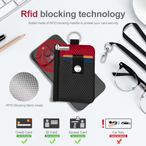 Image of Minimalist RFID Blocking Small Wallet with ID Window,WaterResistant Zip Id Case Wallet with Lanyard Keychain for Cards,Cash,Travel,Women,Men (Black /Red)