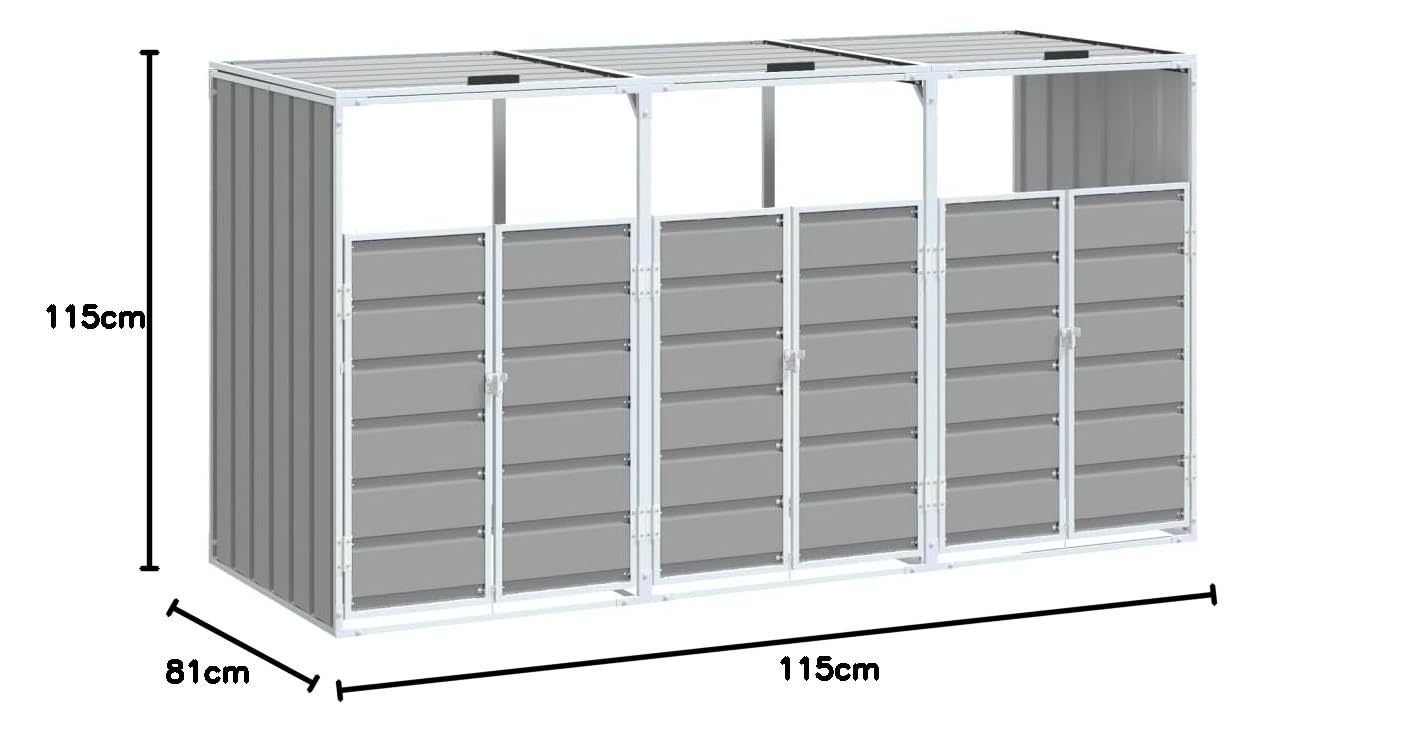 Festnight Copri Bidoni Spazzatura Esterno Copribidone Spazzatura Esterno Copri Pattumiera da Esterno Copribidone con Ruote per 3 Bidoni Grigio 216x81x115 cm Acciaio