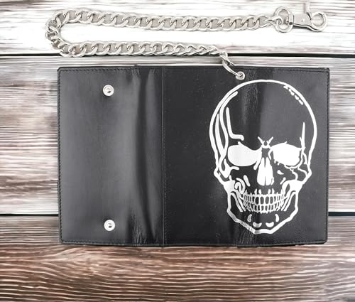 Image of F&L CLASSIC RFID Blocking Mens Tri-fold Long Style Leather Steel Chain Wallet,black skull,212-50