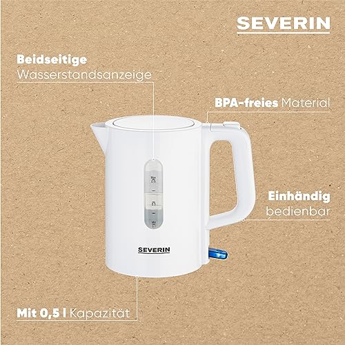 SEVERIN Reise-Wasserkocher-Set, Reisewasserkocher für 0,5 l mit umschaltbarer Spannung (115/230 V), elektrischer Wasserkocher mit 2 Kunststofftassen und 2 Löffeln, weiß, WK 3462 4