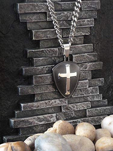 Christian STAINLESS STEEL Shield Cross of Faith"ARMOR OF GOD Necklace On 24" Stainless Steel Curb Chain - Image 3