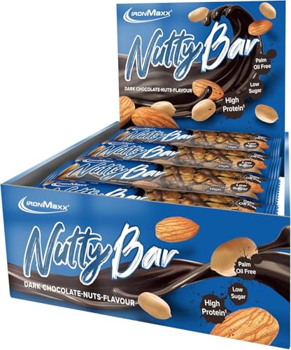 IronMaxx Nutty Bar – Dark Chocolate Nuts 12x40g Riegel | Protein-Nussriegel mit echten ganzen Nüssen | Glutenfrei und ohne Palmöl