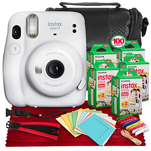 FUJIFILM INSTAX Mini 11 Instant Film Camera (Ice White) + ACCESSORY BUNDLE THAT INCLUDES 5X Fujifilm Instax Mini Twin Film (100 Exposures), Camera Carrying Case, Camera Strap & Funky Film Frames