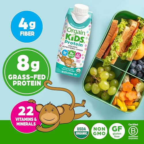 Orgain Organic Kids Nutritional Protein Shake, Fruity Cereal - Kids Snacks with 8g Dairy Protein, 22 Vitamins & Minerals, Fruits & Vegetables, Gluten Free, Soy Free, Non-GMO, 8.25 Fl Oz (Pack of 12)
