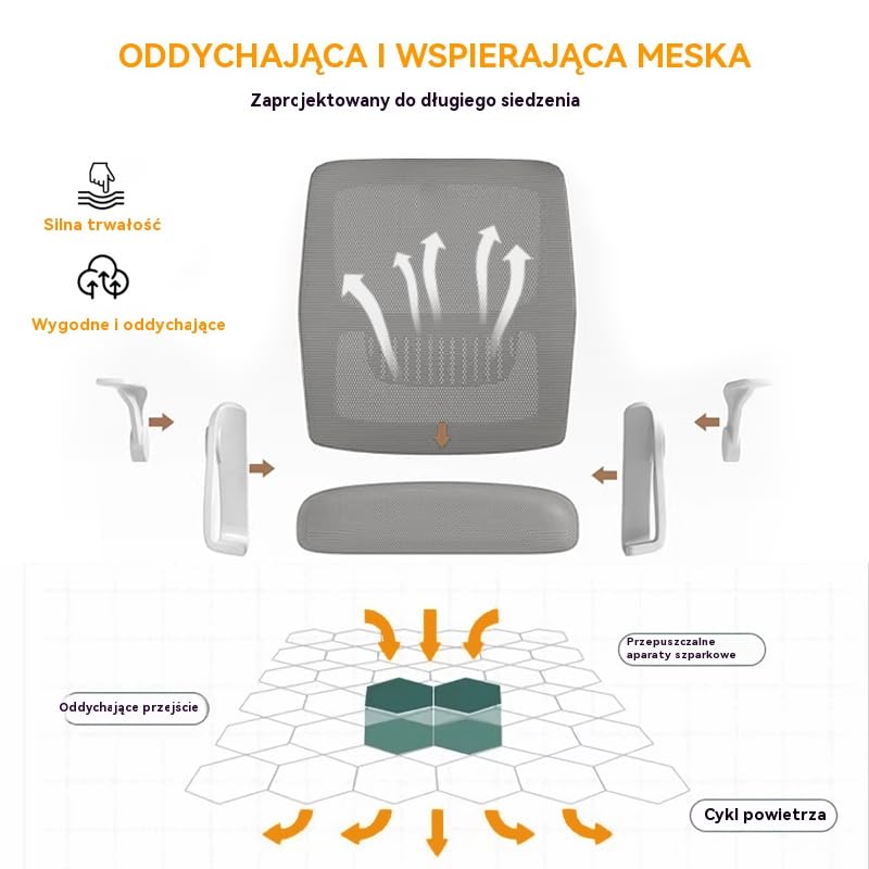 Ergonomiczne Krzesło Biurowe do Domu z Oddychającej Siatki - Wysoki Tył z Regulacją Wysokości,Obrotowe z Podnoszonymi Podłokietnikami i Wsparciem Lędźwiowym(Szary)