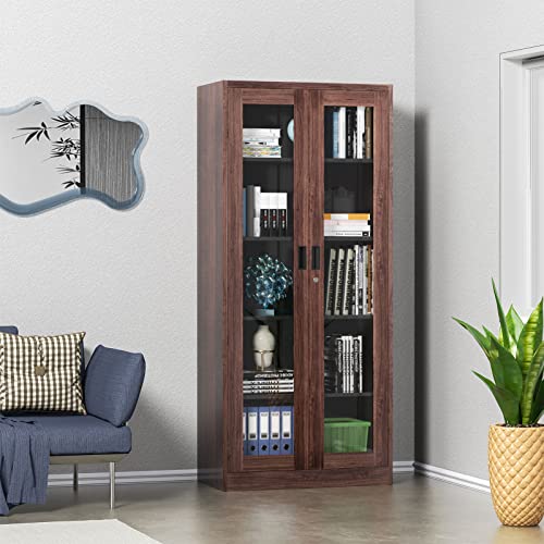 Lissimo Glass Display Cabinet, Metal Storage Cabinet Bookcase With Glass Doors And 4 Adjustable Shelves,5-Tier Curio Cabinet Liquor Cabinet For Home, Office And Exhibition Hall (Rustic Brown) #TOP2