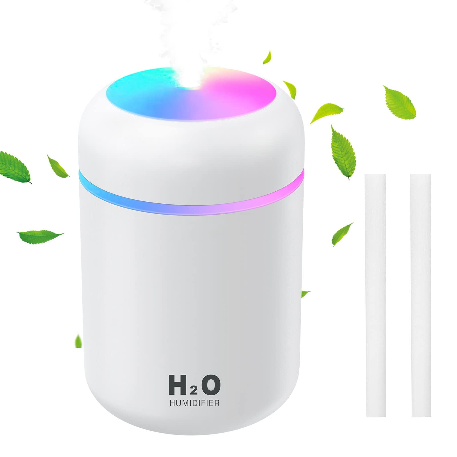 AOOWU Car Humidifiers, 300ml Portable Mini Humidifiers with Night Light, Cool Mist Air Humidifiers Essential Oil Diffuser, Small Desktop Humidifiers for Bedroom Home Car Office, White