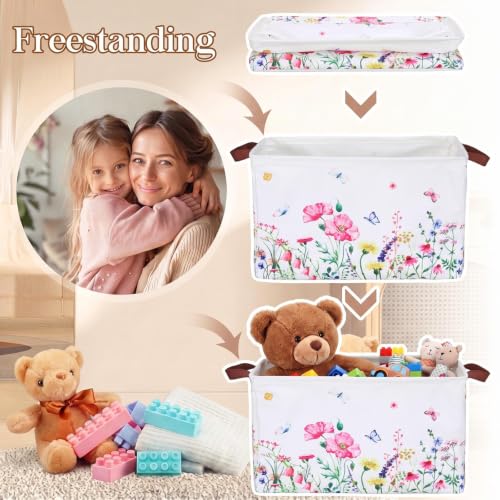 Image of Fourluoo 12 Pack Floral Storage Basket with Handles Clothes Storage Basket Bin Foldable Box Bins Organizer for Closet Shelf Nursery Kid Room Book Toy Chest
