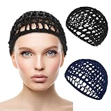 WLLHYF 2 STÜCKE Haarnetze Mütze Schlafen Haarnetz Snoods Wrap Bonnets Lange Gerade Locken Perücke Kopfschutz Schwarz Mesh Wrapping Häkelwelle Kochmützen Weben Nähen Für Frauen (2, Schwarz + Marine)