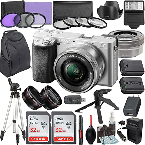 Camera Bundle for Sony a6400 Mirrorless Camera Silver with E PZ 16-50mm f/3.5-5.6 OSS Lens and Accessories Kit (64GB, Extra Battery, Tripod, and More)