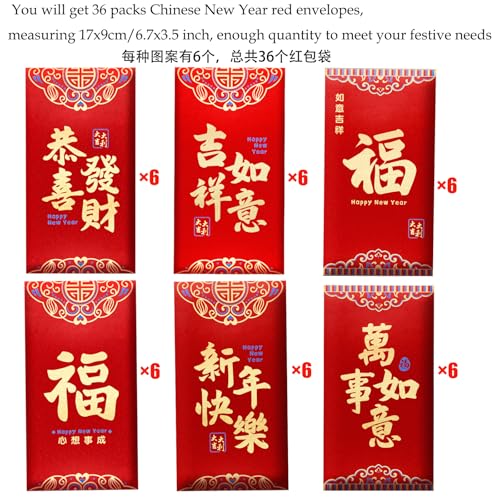 36 pacotes de envelopes vermelhos de ano novo chinês envelopes para dinheiro vermelho envelope de bo
