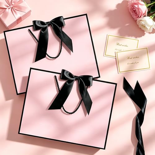 Image of JMANNI Gift Bags with Handles, 13 inch Medium Gift Bag for Presents, 8 Pcs Bags with 16 Tissue Paper and 8 Cards for Baby Shower Wedding Bridal Shower Mother's Day Birthday Party (pink black)
