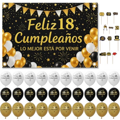 Decoración 18 Cumpleaños Completa 84 Piezas - Photocall Pancarta 18 Cumpleaños 110x80cm Fiesta 18 Años Chico Chica - 30 Globos Banner Telón Fondo Español 12 Stickers Adultos Cartel Celebración