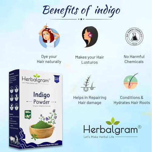 Image of Herbalgram 100% Pure & Natural Indigo Powder 100gm Hair Dye for Deep Black & Brown Shades Cruelty-free & Vegan for Natural Hair Coloring