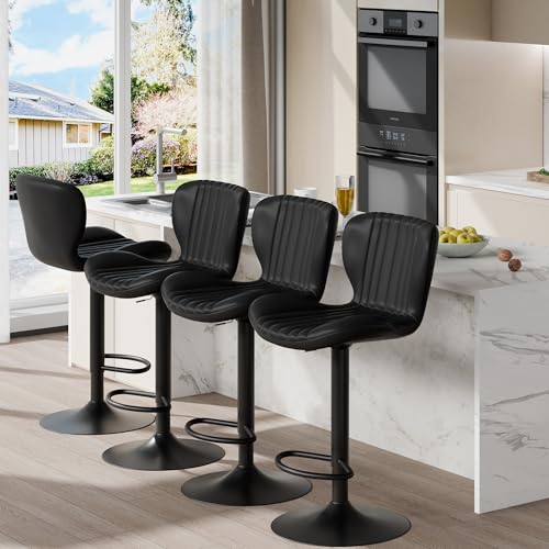 Image of Shintenchi Bar Stools Set of 4 Modern Swivel Bar Chairs, Counter Height Faux Leather Metal Barstools, Upholstered Island Chairs with Back and Footrest, Black