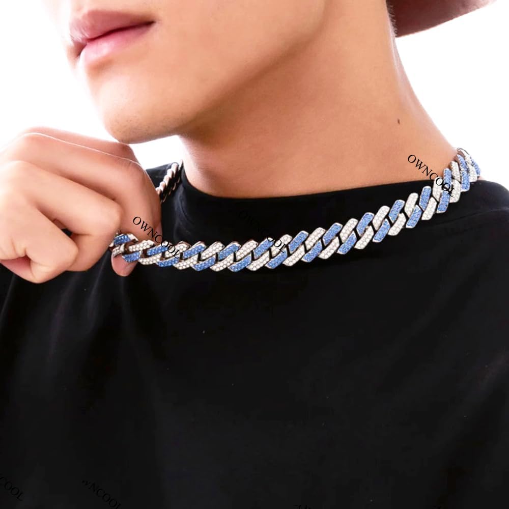 2 PCS Blue Iced Out Cuban Link Chain Cuban Diamond Chain Necklace Bracelet Bling Hip Hop Jewelry for Men Women - Image 2