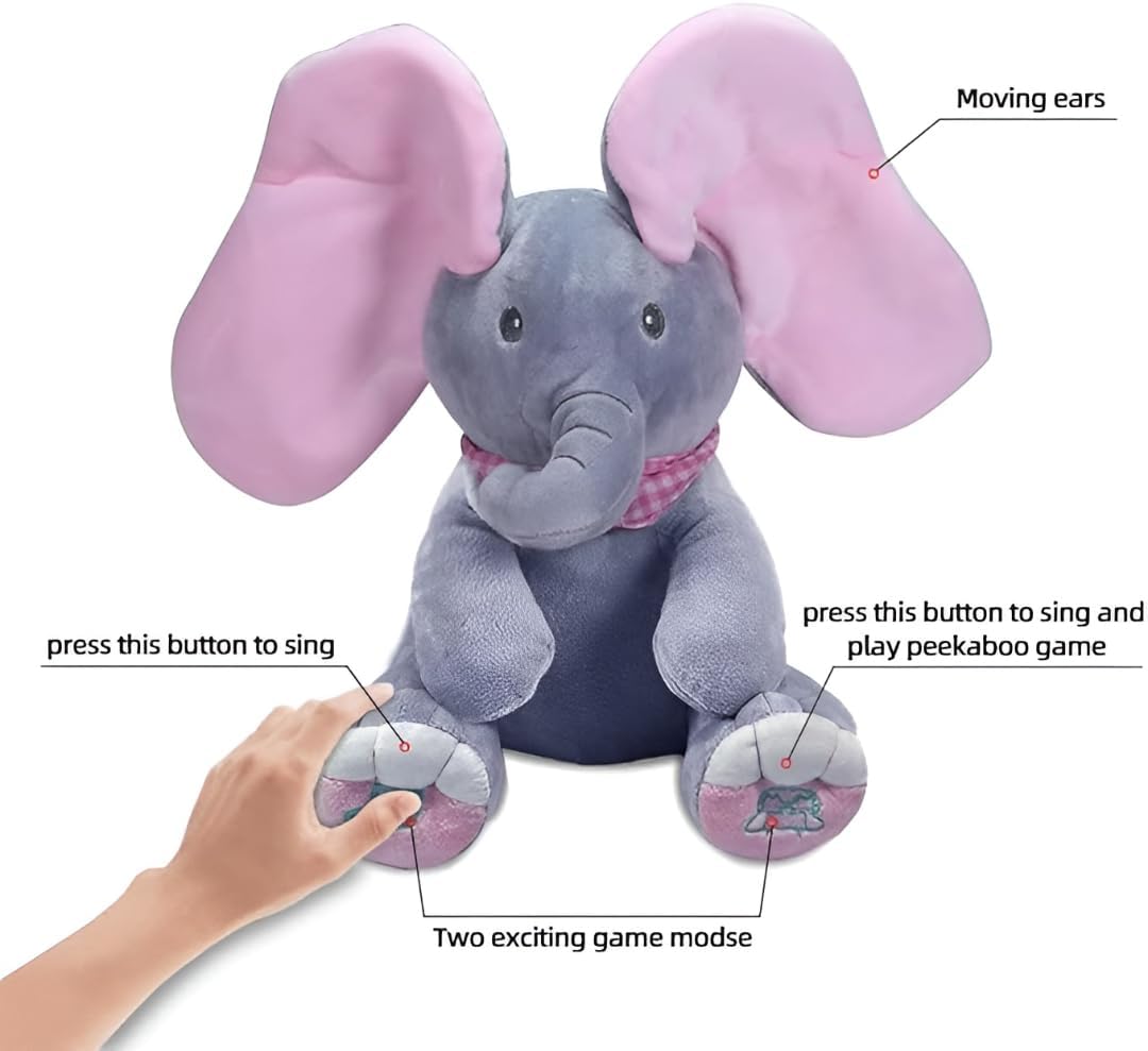 Riyenio Peek-A-Boo Musical Elephant Plush Toy for Baby Girls & Boys, Soft Singing Elephant Toy with Moving Ears, Interactive Stuffed Animal for Infants 3-12 Months, for Babies 2