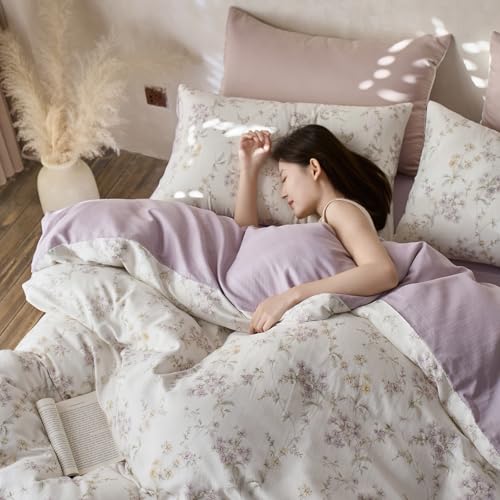 VM VOUGEMARKET Purple Floral Duvet Cover Set Queen Size,Soft Lyocell & Cotton Bedding Set,Breathable & Cool Comforter Cover for Hot Sleeper(3pcs,90x90 Inch)