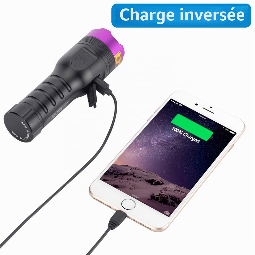 Alonefire SV71 15W Lampe Torche UV LED 365nm Rechargeable par USB Chargement Inversé Ultraviolet Lumiere Noire Détecteur D'urine pour Resine, Minéraux, Ambre avec Lunettes de Protection UV, Batterie