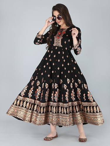 Image of Aj Art Anarkali Kurti for Women and Girls Floral Golden Print Regular Slim Fit Rayon Blue (Set of 1)