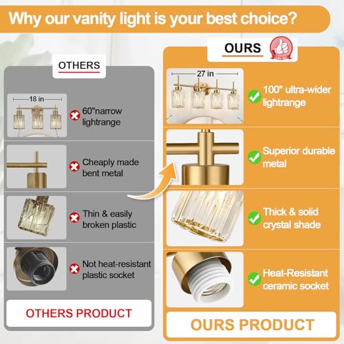 Image of Modern Crystal Bathroom Vanity Light, 4-Light Gold Bathroom Light Fixtures Over Mirror, Crystal Vanity Light with Brushed Gold Finish (Bulbs Not Included)