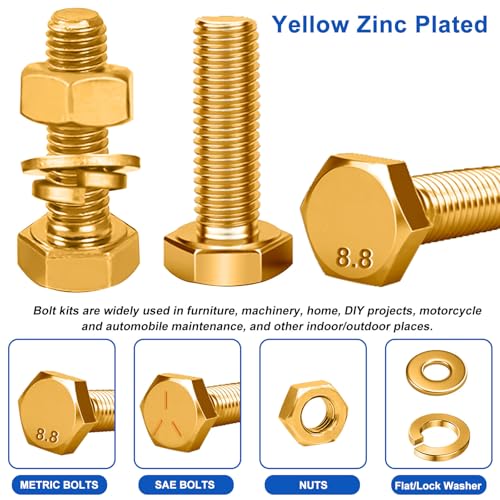 Image of Taiss 904pcs Grade 8.8 Metric Bolt Assortment & SAE Nuts and Bolts Assortment Kit,M4 M5 M6 M8 M10 1 /4-20,5 /16-18,3 /8-16 1 /2-13(12-60mm) Heavy Duty Hex Bolt Washer Yellow Zinc Plated,with Handheld Box