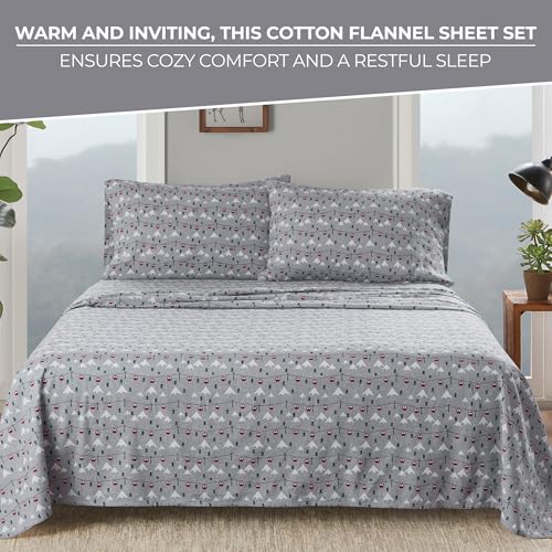 Image of Woolrich Cotton Sheet Set Cottage Charms Print, 100% Cotton Flannel Sheets Warm & Fuzzy Bedding Set King Size Sheets, Fitted Pocket Fits Up to 14 inch Mattress, King Grey Ski Jump 4 Piece