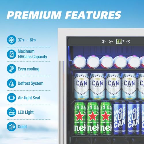 Image of Erivess Compact Beverage Refrigerator, 145 Can /4.5 Cu Ft Mini Fridge,Silver | Adjustable Shelves & Digital Display Small Refrigerator for Soda, Under Counter Freestanding Glass Door Mini Cooler for Home