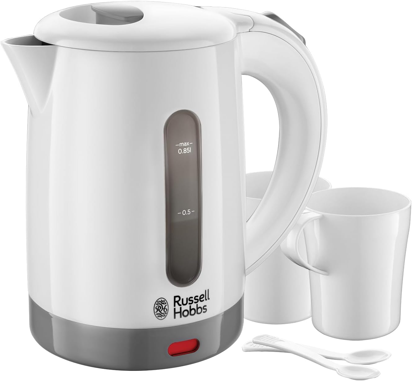Electric 0.85L Travel Kettle, Small & Compact, Dual voltage, Ideal for abroad/caravan/camping, inc 2 cups & spoons, Removable washable anti-scale filter, water windows, 1000W, 23840
