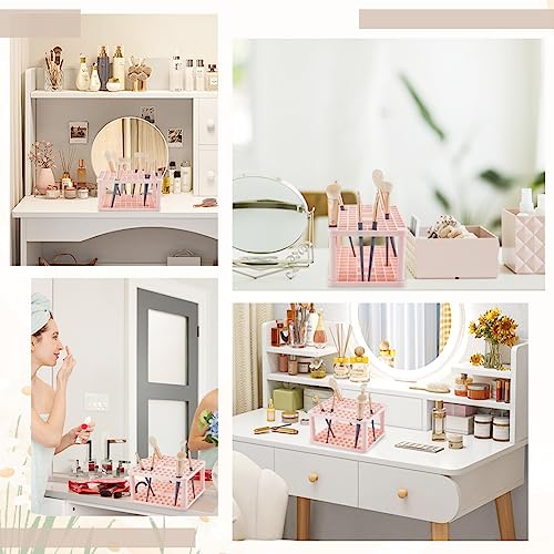Image of AHandMaker Paint Brush Organizer - 71 Hole Plastic Holder for Makeup, Artist & Cosmetic Brushes, Small Tools - Pink
