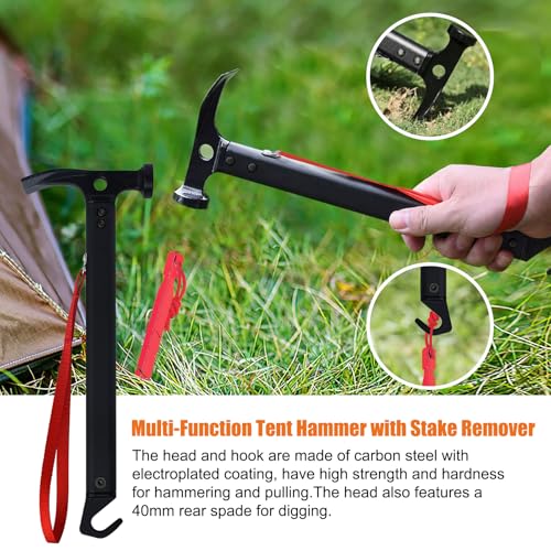 Image of Eurmax USA Hiking Camping Tent Stakes and Hammer Set Lightweight Multi-Function Tent Hammer with Tent Stake Remover,Tent Pegs for Camping, Hiking, Backpacking, Gardening(Red Stakes)