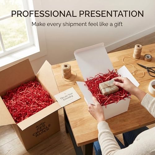 Image of BOX USA Red Crinkle Paper Filler (40lb) - Shredded Paper for Basket Stuffing, Shipping, Packaging, Confetti, Crafts & Holidays - Crinkle Cut