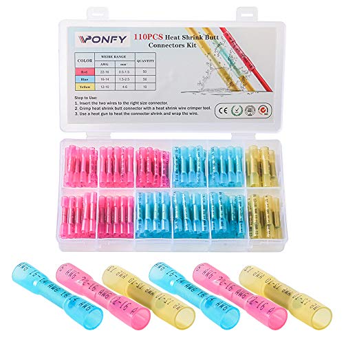 PONFY 110PCS Heat Shrink Butt Connectors Kit, Insulated Waterproof Electrical Wire Crimp Terminals, Butt Splice for Marine Automotive 3 Sizes
