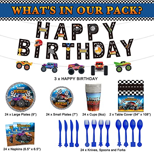 173 Pcs Monstertruck Birthday Party Supplies Serves 24, Monstertruck Tablecloth Birthday Banner Monstertruck Plates Napkins Tableware Set For Monstertruck Themed Birthday Party Decorations #TOP1