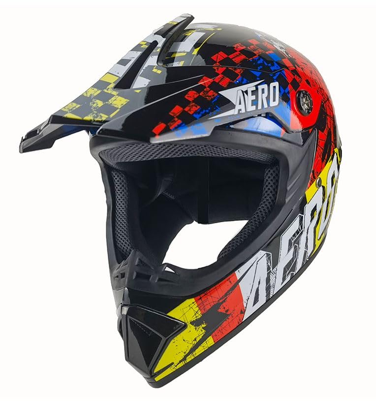 Kinder Crosshelm Skeleton AHP – Motorradhelm für Kinder, ABS-Schale, robuster Kinderhelm für Downhill, Quad und Motocross, Schwarz bunt, Größe M, 55 – 56 cm
